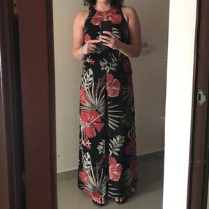 Dynamite Black Maxi Dress with Red and Cream Floral Pattern